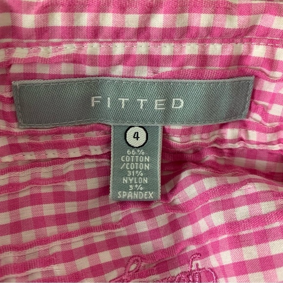 Foxcroft Fitted Gingham Pleated Crinkle Button Up Shirt Women’s 4 Pink Collared - Picture 16 of 16